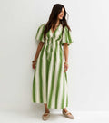 Green Striped Puff Sleeve Midi Dress