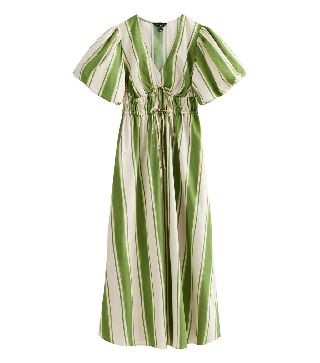 Green Striped Puff Sleeve Midi Dress