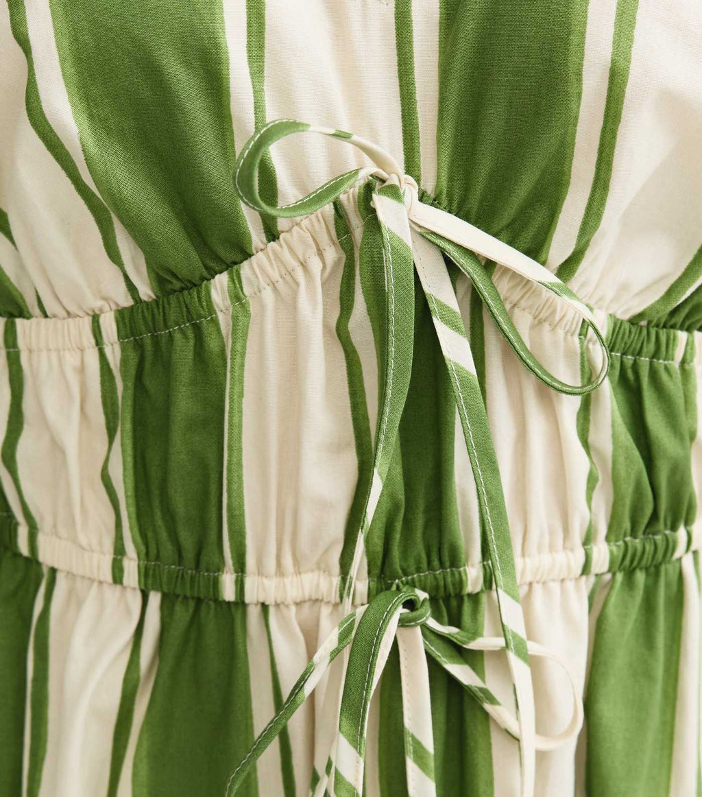 Green Striped Puff Sleeve Midi Dress