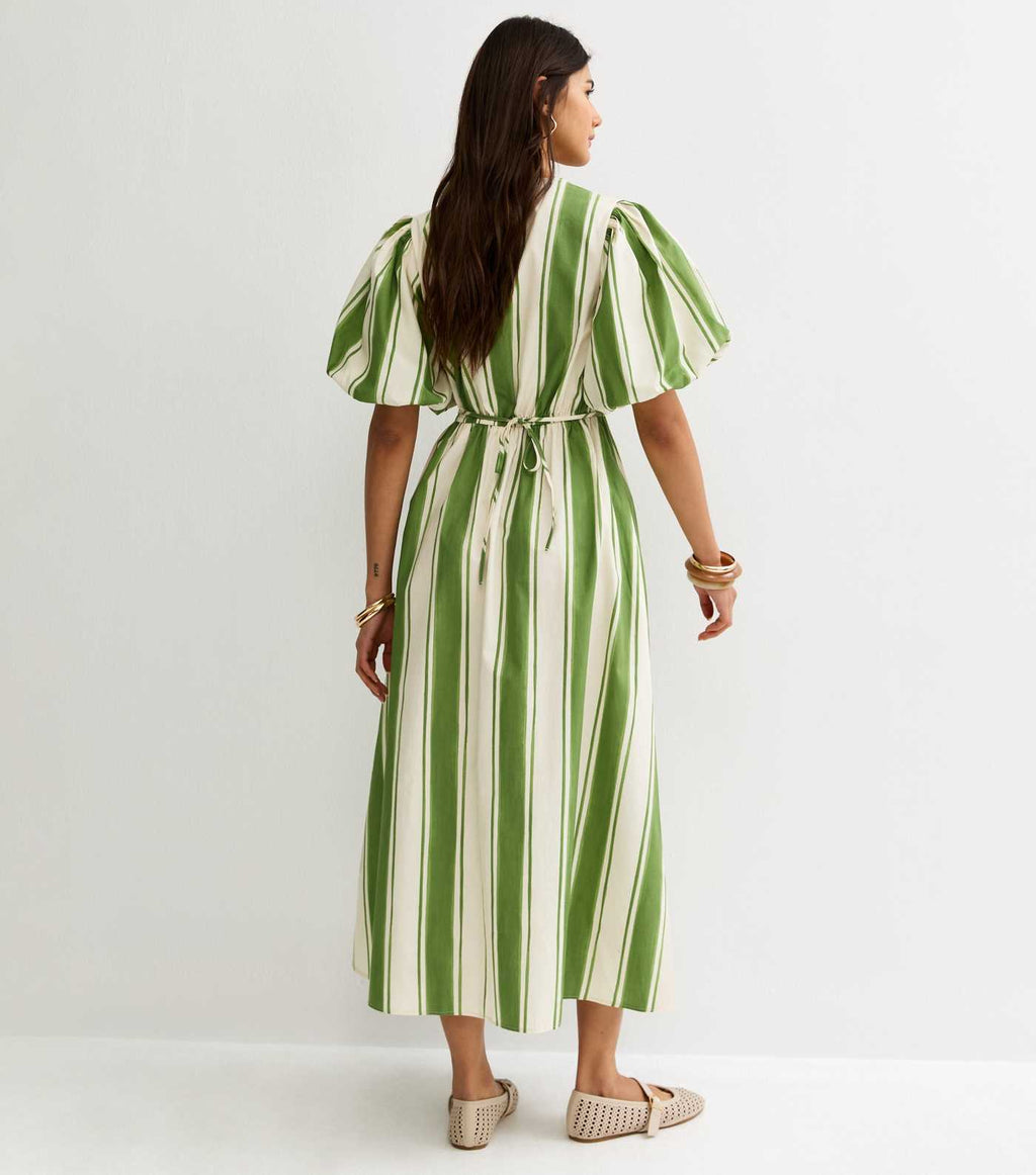Green Striped Puff Sleeve Midi Dress
