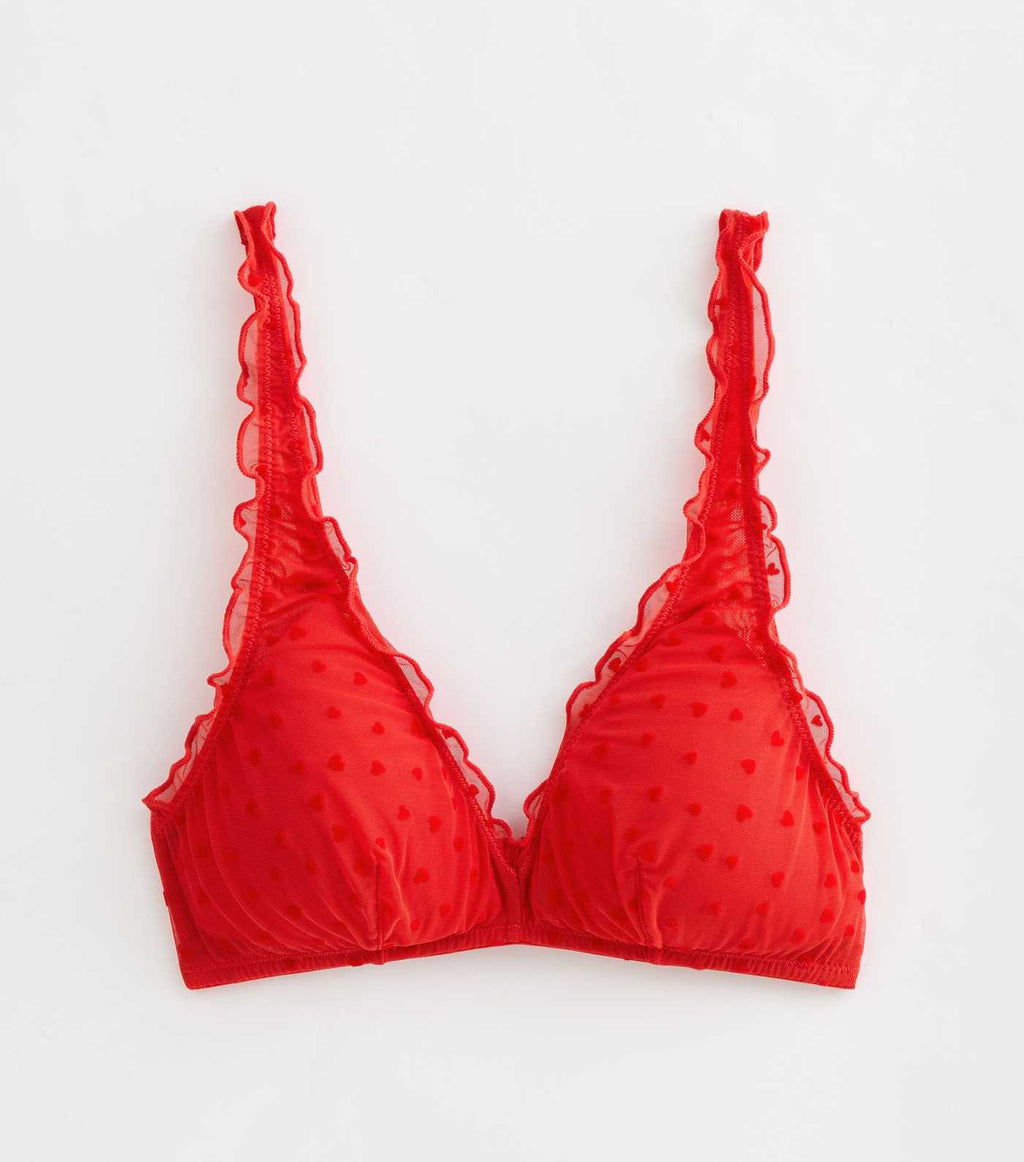 Red Heart Flocked Frilly Trim High Apex Bralette